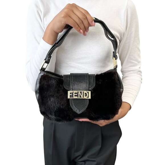 Fendi Handbags - FENDI Vintage Logo Fur Baguette Mini Shoulder Bag Handbag Black Gold [106345]